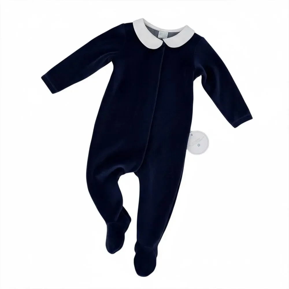 Edgehill Collection Baby Boy Navy Velour Footed Romper Sz 3M Peter Pan Collar